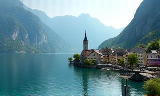Picturesque Hallstatt village by the lake surrounded by mountains