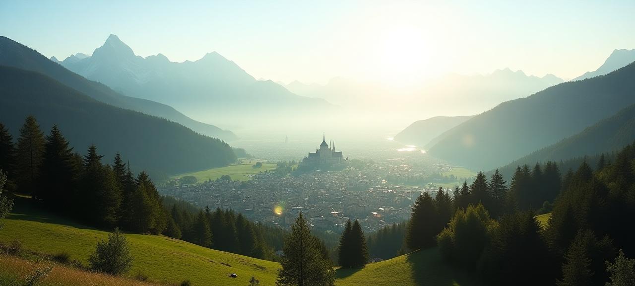 Iconic Austrian alpine landscape with mountains and a historic cityscape in golden hour light